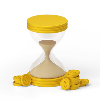 3D rendering of an hourglass with dollar coins. The concept of time is money. Vintage hourglass with clear glass. png