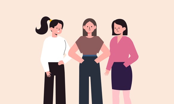 Confident businesswomen stand together. Strong females entrepreneurs support each other vector