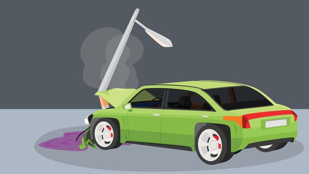 Damage car crash pole light accident cannot drive. There was steam coming out of the radiator.The front is severely damaged. The equipment is broken. Oil spill on the floor. Can view inside of car. vector