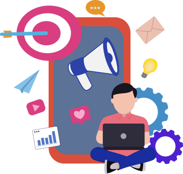 man doing online marketing. illustration of online man sitting at work using a laptop in front of a big cell phone. marketing online png