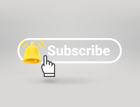 Subscribe button with the notification bell. 3d vector objects isolated on transparent background