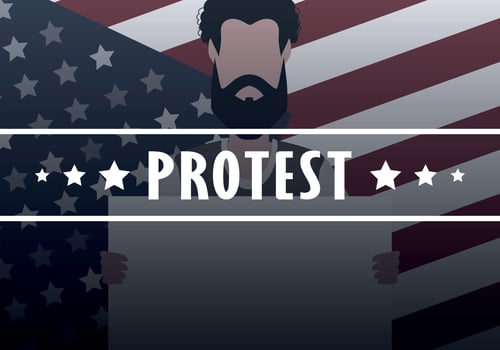 A guy with a banner in his hands on the background of the flag. Protest concept. Vector illustration.