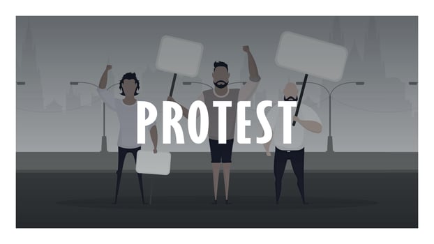 Protest banner. A crowd of guys with banners in their hands came out to protest. Prosky style. Vector illustration.