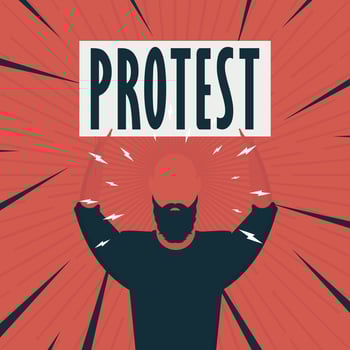 Man with banner and text protest Pop art Flat style. vector