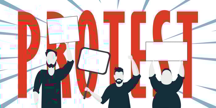 Protest banner. Men protest with banners in their hands. Strike concept. Flat style, . vector