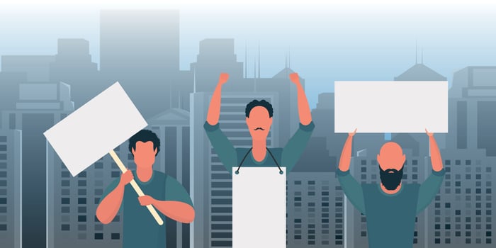 A group of men are protesting with banners in their hands. The concept of citizens' strikes. Cartoon style. vector