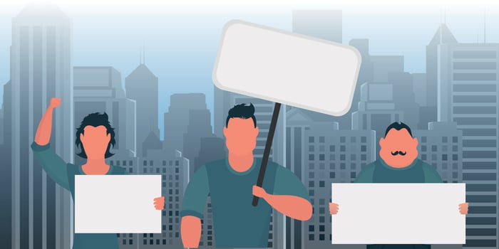 A group of men came out to protest with banners in their hands. The concept of citizens' strikes. Prosky style, . vector