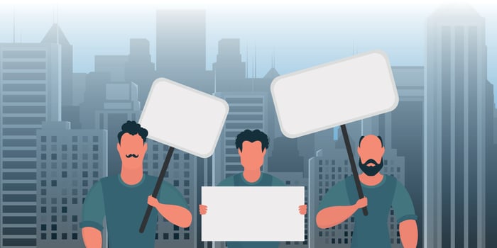 A group of men came out to protest with banners in their hands. The concept of citizens' strikes. Cartoon style. vector