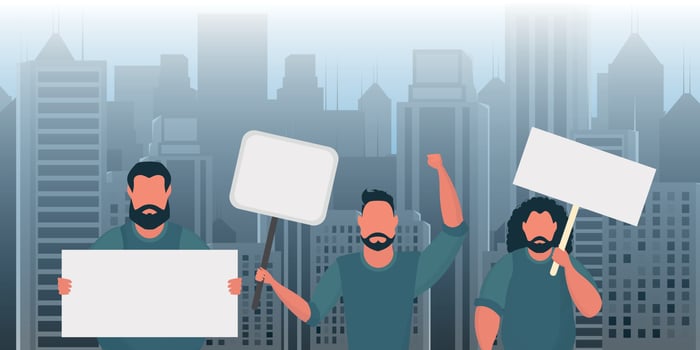 A group of men came out to protest with banners in their hands. The concept of citizens' strikes. illustration. vector