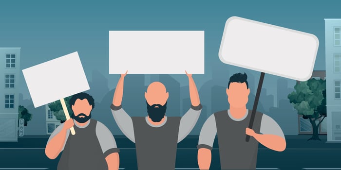 A crowd of guys with banners in their hands are protesting. Cartoon style. illustration. vector