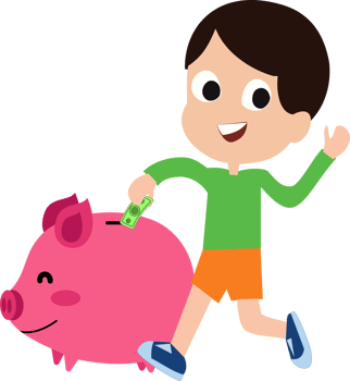 illustration of a boy putting a dollar bill in a piggy bank. concept of saving for children. children learn to save money png