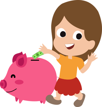 illustration of little girl saving dollar bill in piggy bank. concept of saving for children. children learn to save money png