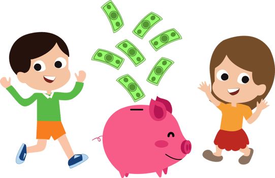 illustration of children saving money in a piggy bank. cartoon illustration of a kid saving money in a piggy bank png