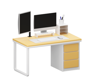 wood desk with computer, moniter, computer. 3D rendering. png