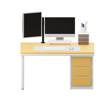 wood desk with computer, moniter, computer. 3D rendering. png