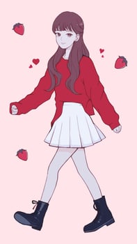 A cute anime girl is walking on a background of strawberries. vector