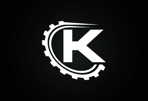 Initial K alphabet with a gear. Gear engineer logo design. Logo for automotive, mechanical, technology, setting, repair business, and company identity vector