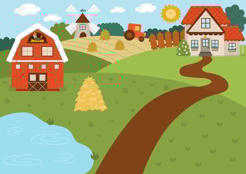 Vector farm landscape illustration. Rural village scene with barn, country house, tractor. Cute spring or summer nature background with pond, meadow, garden. Detailed country field picture for kids