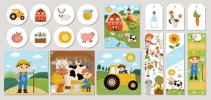 Cute farm cards set with farmer, barn, animals and birds. Vector country village square, round, vertical print templates. Countryside design for tags, postcards, ads with cow, tractor, rural scenes