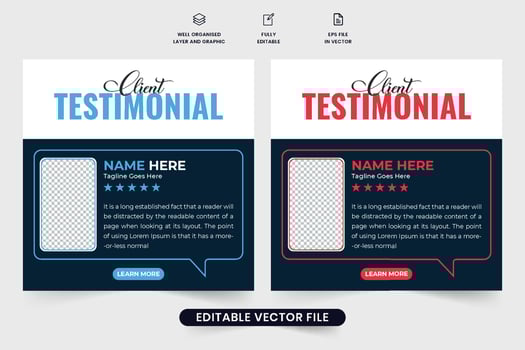Client testimonial vector with yellow and red text effects. Customer feedback review template for business or website. Customer service feedback or testimonial layout design on a dark background.