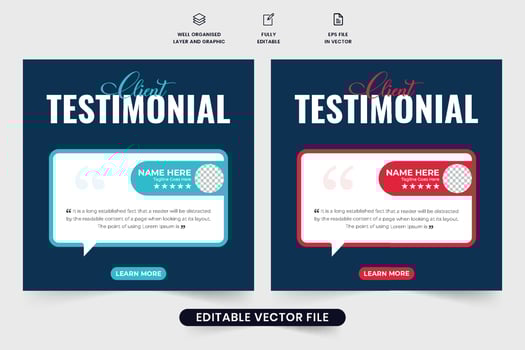Creative client testimonial template design on a dark background. Customer service feedback and comment section design for social media marketing. Client review and rating layout vector for websites.