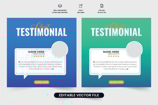 Customer service feedback and client testimonial template design with blue and green colors. Modern business promotion and client feedback layout vector. Customer quote layout with photo placeholders. vector