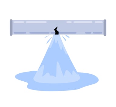 Leak in water pipe. Plumber service. Broken sewer and water supply. Splashes and puddle. Crack in tube. Flat cartoon vector