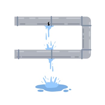 Leak in water pipe. Plumber service. Broken sewer and water supply. Splashes and puddle. Crack in tube. Flat cartoon vector