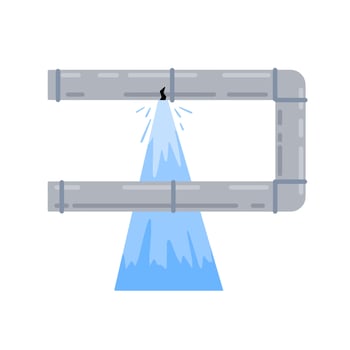 Leak in water pipe. Plumber service. Broken sewer and water supply. Splashes and puddle. Crack in tube. Flat cartoon vector