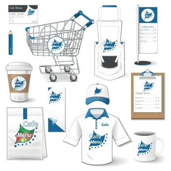 Set of corporate identity, uniform, flyer, shirt, cup, cart, menu, package, apron,  coffee cup vector illustration