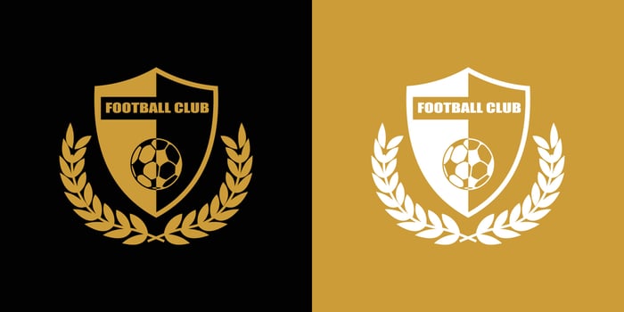 golden wreath and sheild football or soccer illustration, sport symbols, isolated on black and gold vector