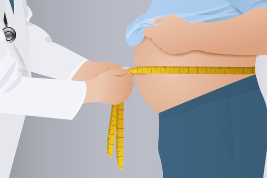Doctor measuring obesity male body fat waist. Obesity and weight loss. vector