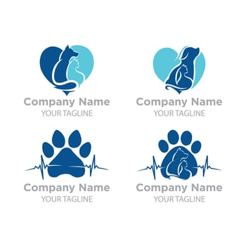 Set logo veterinary clinic with paw prints and sample text, isolated vector logo template