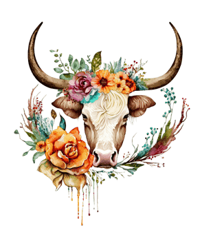 Watercolor cow and Flower on head png