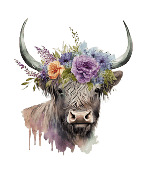 Watercolor cow and Flower on head png