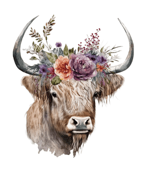 Watercolor cow and Flower on head png