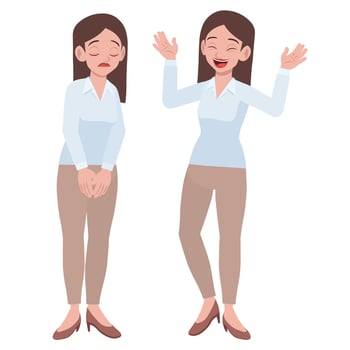 young pretty lady happy and sad expression vector