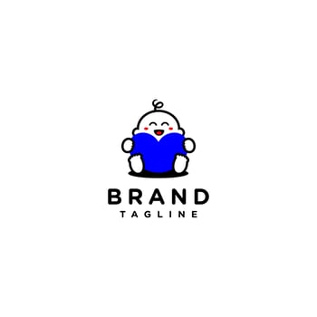 Playful Logo Design Baby Laughing While Hugging Blue Heart Symbol. Simple Illustration of a Laughing Baby Hugging a Blue Heart Shaped Pillow. vector