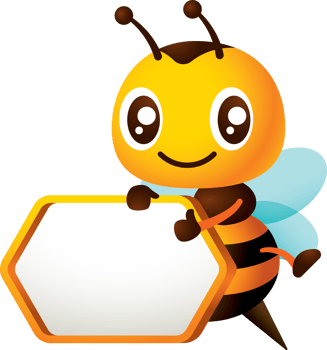 Cartoon cute happy bee thumb up and holding empty honeycomb shape signboard with yellow frame illustration png