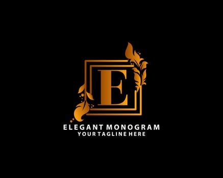 Golden Initial Letter E. Elegant design letter E with floral branch. Luxury Gold Logo Icon. Vintage alphabet concept with floral ornate for monogram, initial, heraldy, logo, business, wedding card. vector
