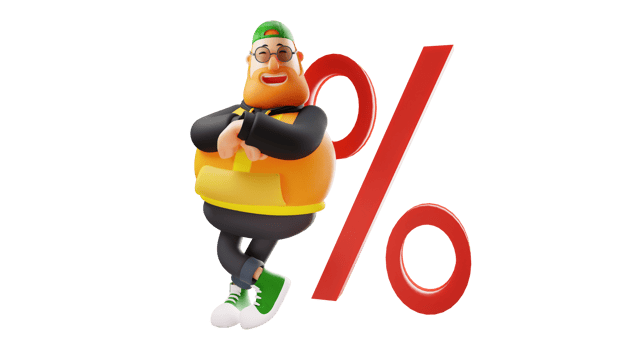 3D illustration. Handsome Fat Man 3D cartoon character. Handsome man smiling cute. Stylish man leaning on percent sign. Stylish fat man crossing his arms smiling happily. 3d cartoon character png