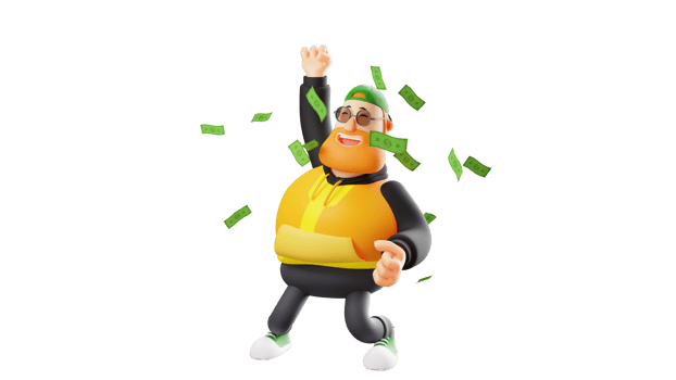 3D illustration. Rich Fat Man 3D cartoon character. The handsome man smiled happily. The rich man clenched his fist and lifted it up. Rich man standing among scattering money. 3d cartoon character png