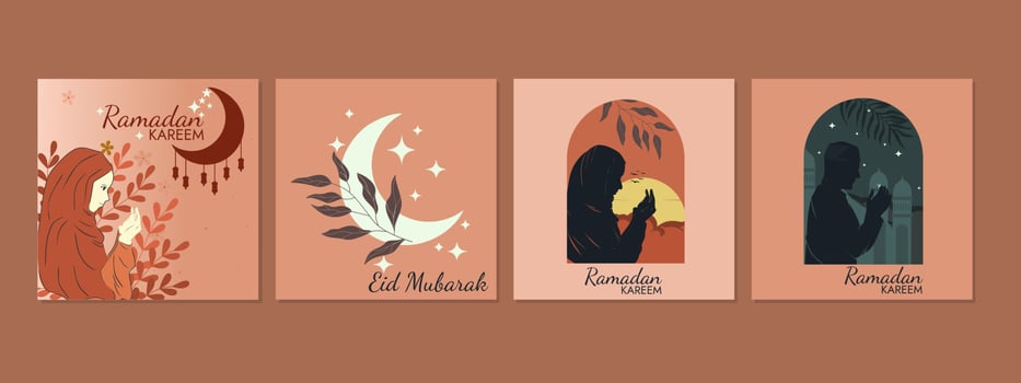 Flat design Ramadan post template, social media post template, square flyer and banner, celebration in Ramadan month. illustration of woman and man praying. vector