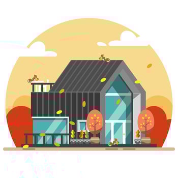 Flat design of modern black house in autumn with squirrels holding nuts, leaves blown by wind vector