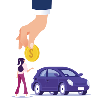 Big hand of agent hold coin to buy car from woman-Car rental or sale concept png