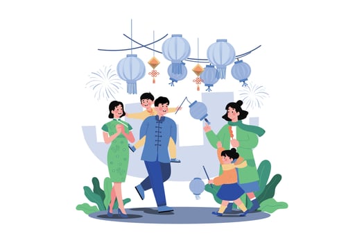 The Family Goes To The Spring Festival. vector