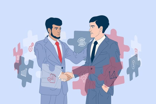 Business collaboration concept art. Two men in business suits shaking hands. Business collaboration vector