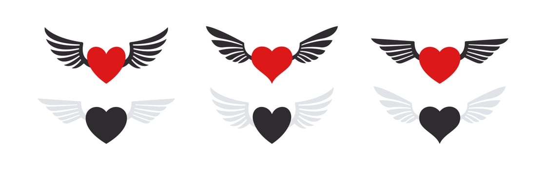 Heart icons with wings. Symbols of love. Emoticons hearts. Vector images