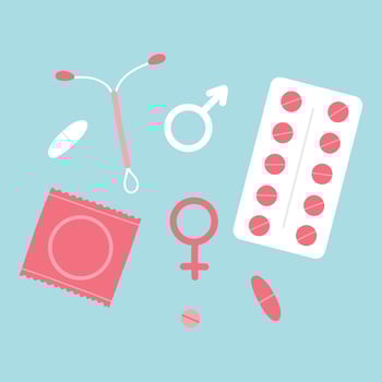 Types of contraception. Pills, calendar, patch, condom and coil. Vector illustration in a flat style.