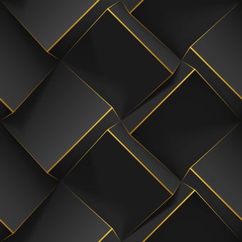 Dark abstract seamless geometric pattern. Realistic 3d cubes with thin golden lines. Vector template for wallpapers, textile, fabric, wrapping paper, backgrounds. Texture with volume extrude effect.